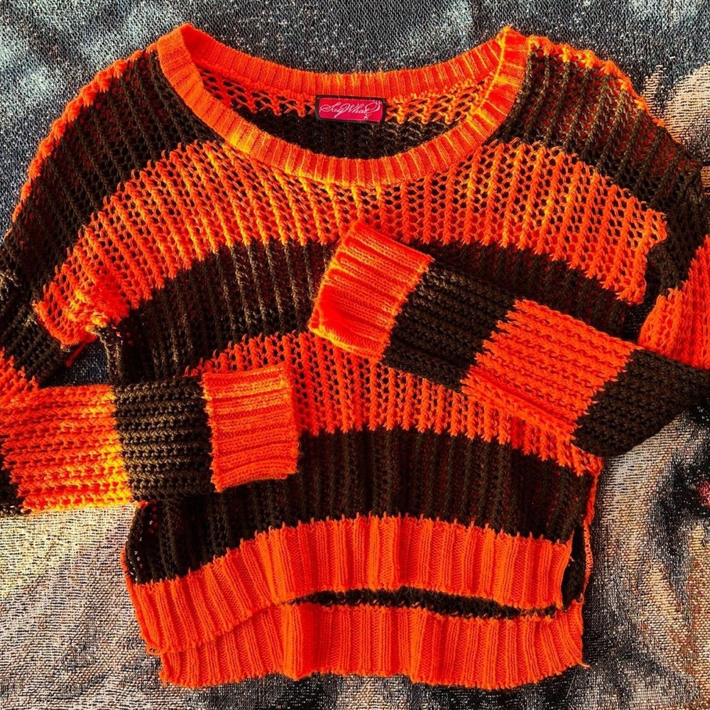 Gothic y2k striped knitted sweater in cute orange and brown colors